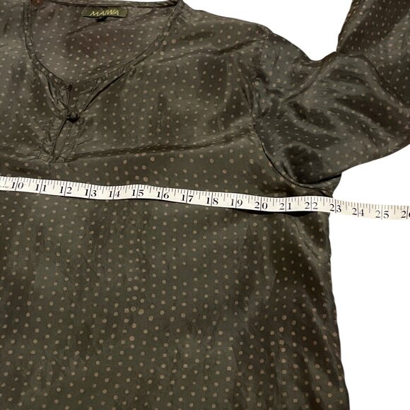 MAIWA Top Blouse Silk Tunic Size Small Green Taupe Polka Dots - Picture 5 of 9